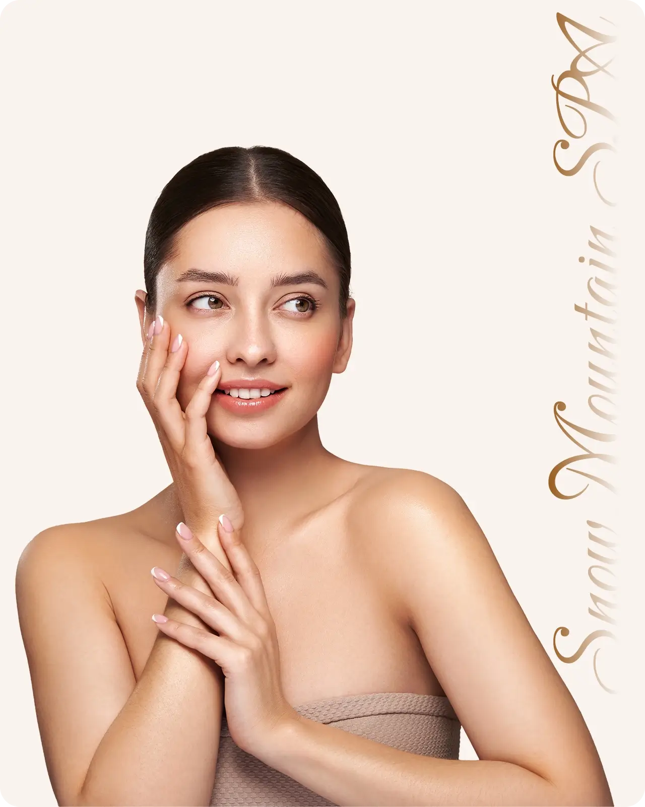 Woman smiling, touching face, spa promotion.